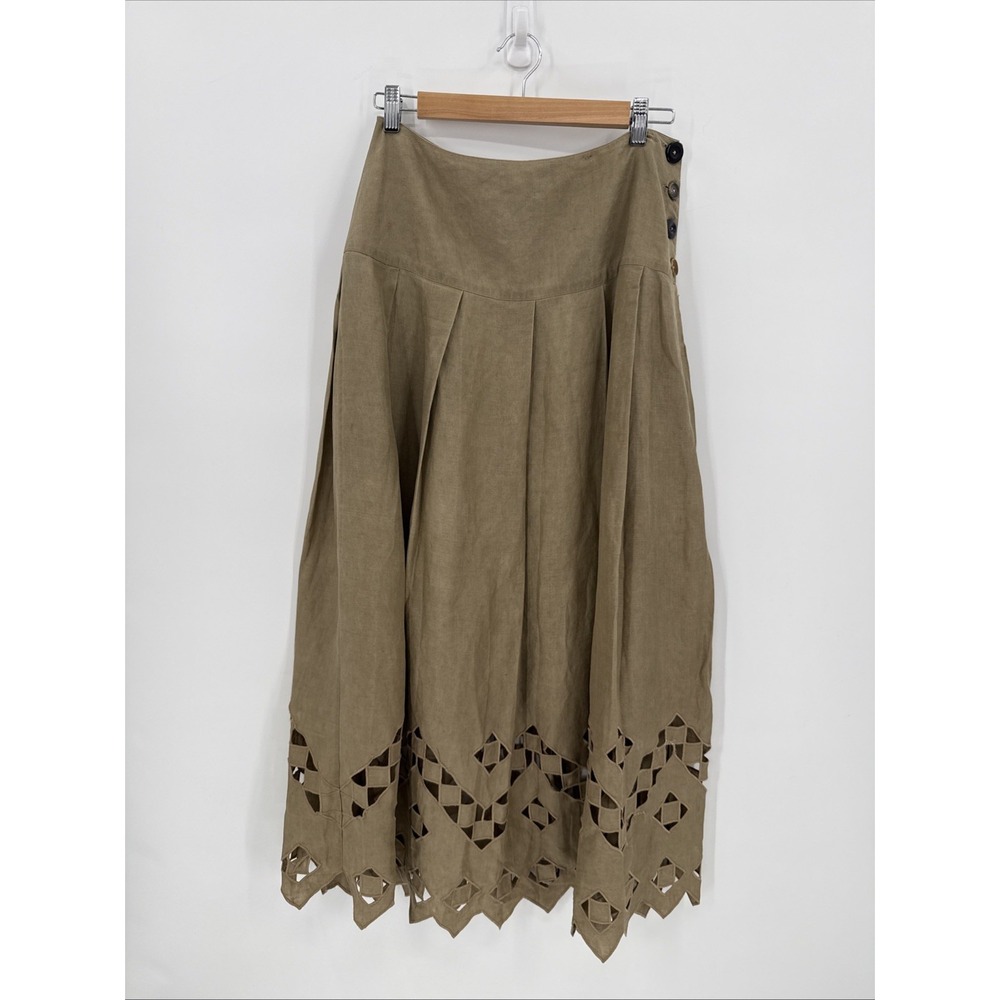 Ellen Tracy Womens Taupe 100% Linen Cutout Pleated Skirt Size 10 Cottage Core